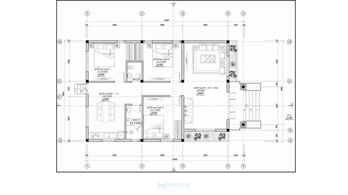 Bản vẽ biệt thự nhà vườn 1 tầng 