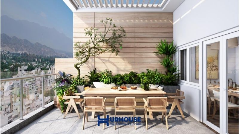 Một không gian nội thất sang trọng sử dụng gỗ tự nhiên với sàn gỗ, bàn ghế và tủ gỗ