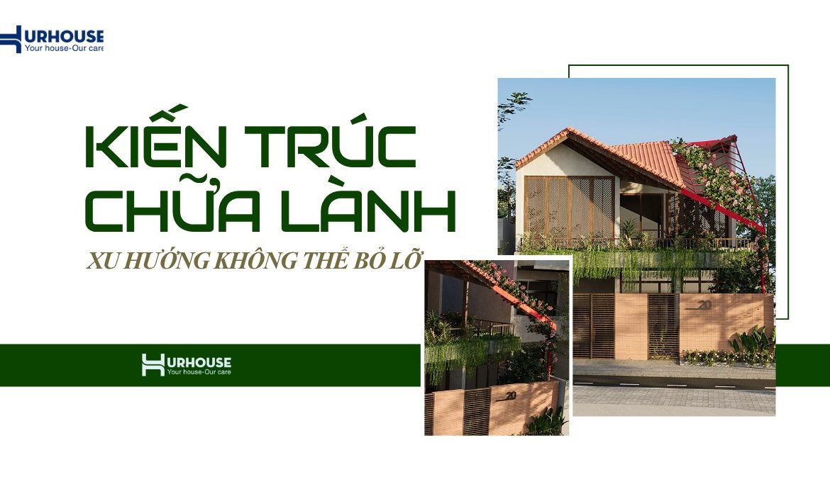 Kiến trúc chữa lành – xu hướng thiết kế không gian sống an lành, kết nối thiên nhiên với con người, thể hiện qua ngôi nhà mái ngói và mảng xanh bao quanh.