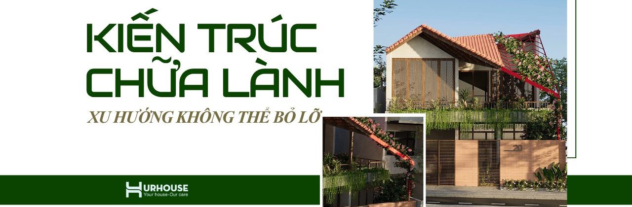 Kiến trúc chữa lành – xu hướng thiết kế không gian sống an lành, kết nối thiên nhiên với con người, thể hiện qua ngôi nhà mái ngói và mảng xanh bao quanh.