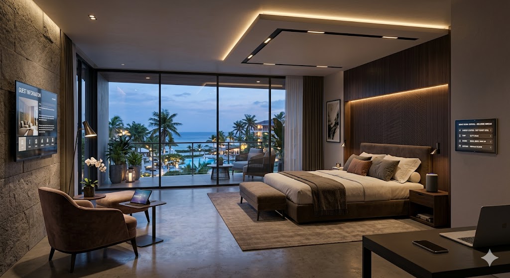 Hình ảnh minh họa xu hướng thiết kế resort thông minh với hệ thống ánh sáng, nhiệt độ và không gian được cá nhân hóa theo nhu cầu từng khách hàng.