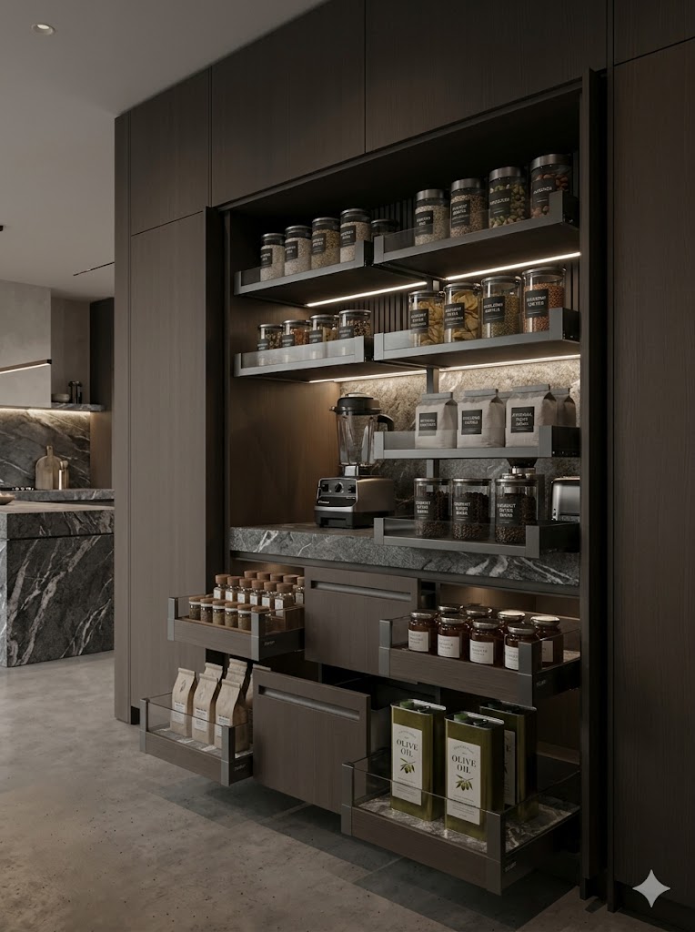 Kho pantry với hệ kệ kéo, lưu trữ thực phẩm khô trong thiết kế bếp villa
