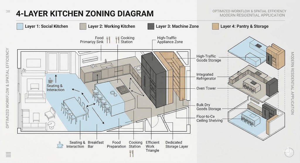 Sơ đồ bố trí bếp gồm bếp khô, bếp ướt, machine zone và pantry trong thiết kế villa