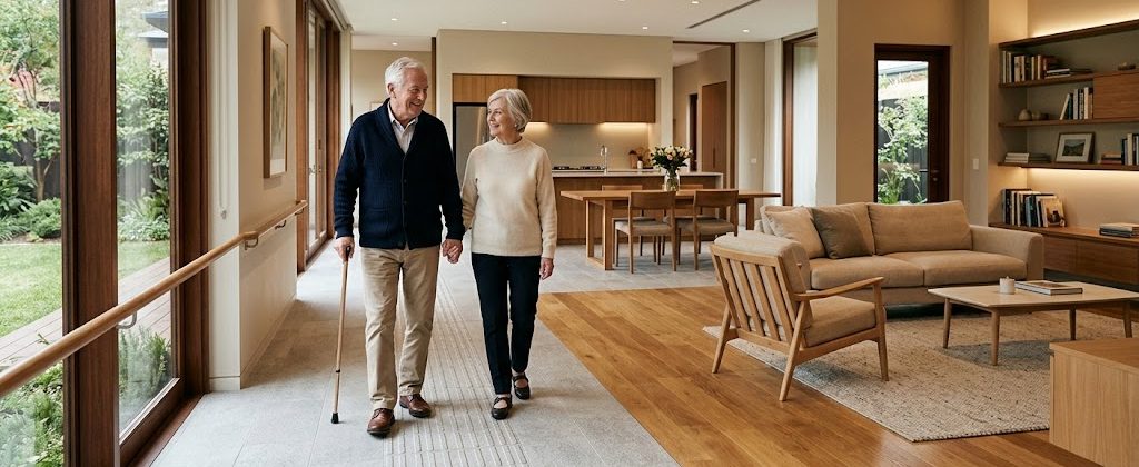 Hình ảnh minh họa thiết kế sàn seamless flooring với nẹp phẳng giúp hạn chế té ngã trong nhà ở người cao tuổi.