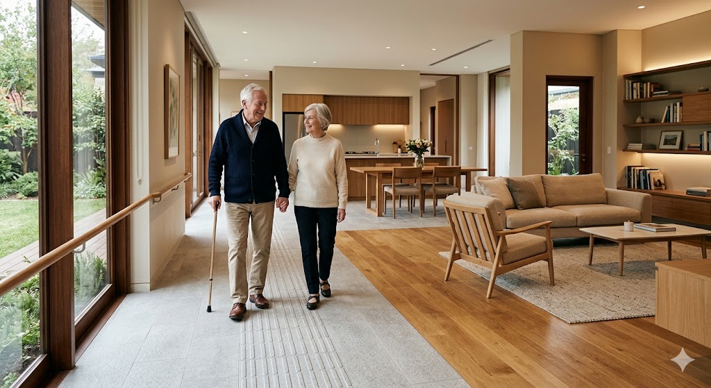 Hình ảnh minh họa thiết kế sàn seamless flooring với nẹp phẳng giúp hạn chế té ngã trong nhà ở người cao tuổi.